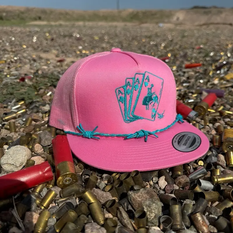 Turquoise Pink Gambler SnapBack Hat with Poker Card Design and Blue Rope Detailing Turquoise Pink Gambler SnapBack Hat with Poker Card Design and Blue Rope Detailing