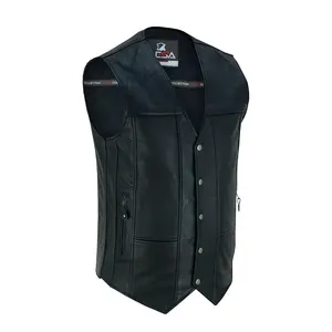Men’s Black Leather Motorcycle Vest – 10 Pocket Cowhide Biker Vest with Concealed Carry, V-Neck Design & Snap Closure