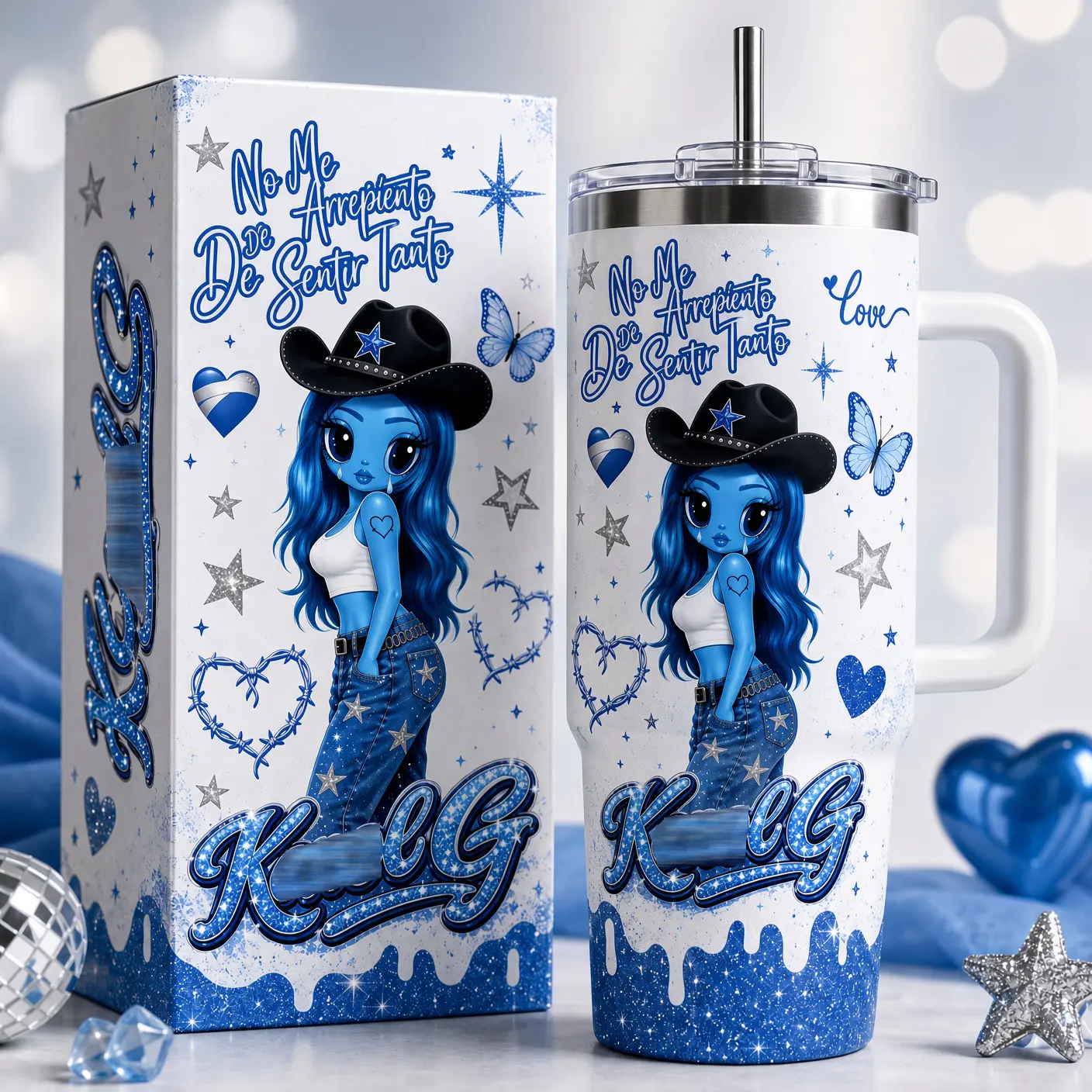 Vintage No Me Arrepiento de Sentir Tanto Tumbler Cup, Blue Cartoon Singer Inspired Tumbler, 40oz Insulated Stainless Steel Travel Mug with Straw, Glitter Fan Gift, Concert Drinkware, Birthday Gift