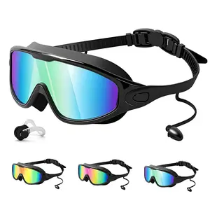 Swim Goggles, Wide View Anti-fog Swimming Goggles, Anti-UV Swimming Goggles with Ear Plugs, No Leaking Swim Glasses for Men Women Youth
