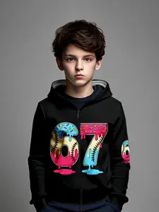 Boys Bottom Colorblock Hoodie, Graphic Team Hoodie, Creative Baseball Candy Granule Design, Fitted Casual Fall & Winter Sweatshirt, Trendy Kids Clothing