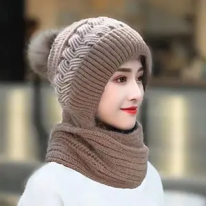 Women's Winter Hat Set with Ear Muffs & Snow Bib 100% Wool Knitted Warm Cozy Outdoor Snow Hat for Cold Weather Protection - Snowbib