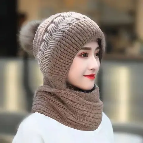 Women's Winter Hat Set with Ear Muffs & Snow Bib 100% Wool Knitted Warm Cozy Outdoor Snow Hat for Cold Weather Protection - Snowbib