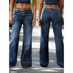 The New Trend Of 2025 Casual Wide-leg Jeans, Women'S Mid-waist Flares With Pockets, Are A Long Design Of Pants For All Seasons