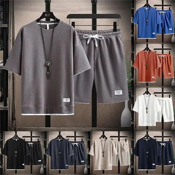 Men's 2 Piece Waffle Knit Lounge Set, Sporty Chic Summer Outfit in Breathable Fabric with Drawstring Shorts, 2 Piece Sets, Shirt, Crew Neck, Textured, Loose, Clothes, Polyester, Summer Outfits, Oversized