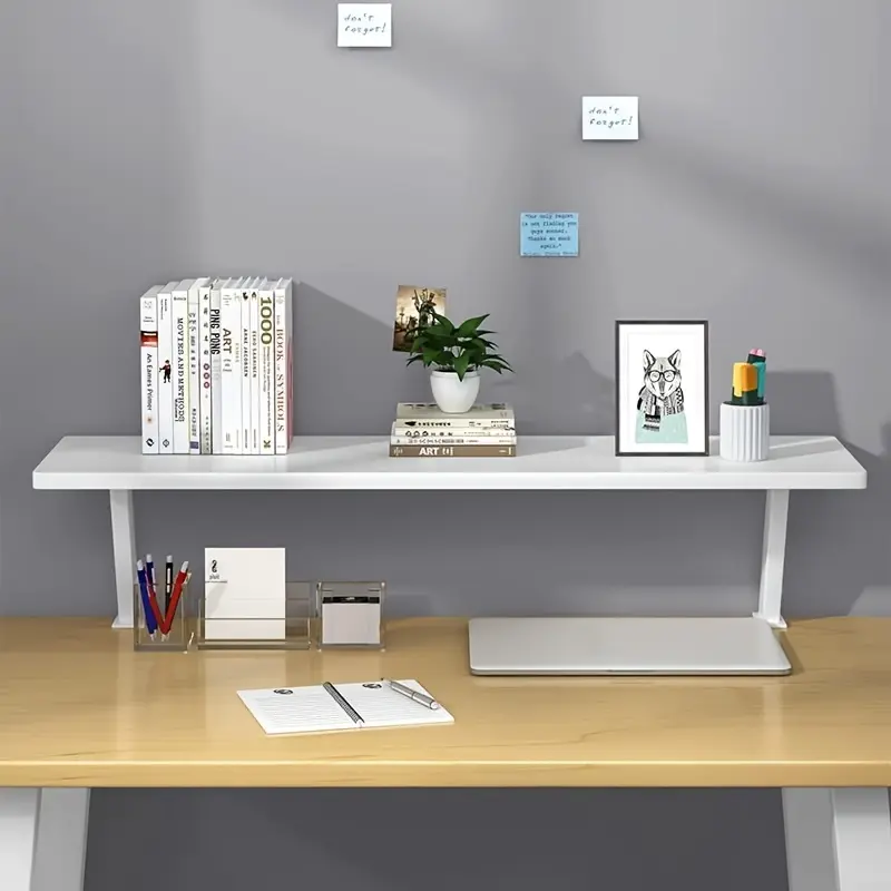 1PC White Rectangle 1-Layer Wooden Floating Shelf Frame with Metal Accents, Drill-Free Desk Storage Box, Sturdy Modern Home Organizer Space Saver for Living Room, Books Holder, Countertop