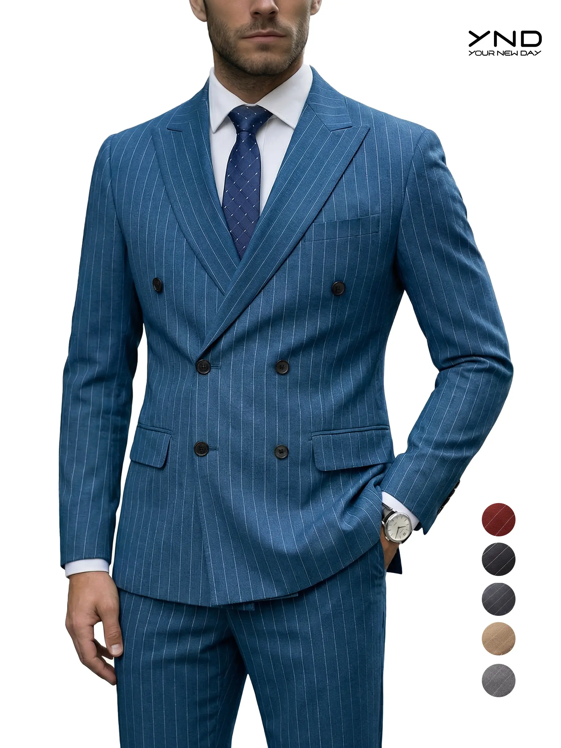 YND Men's 2-Piece Double-Breasted Slim Fit Striped Formal Suit Set - Long Sleeve Blazer, Trousers, Tie, Invisible Waist, Menswear for Party Wedding