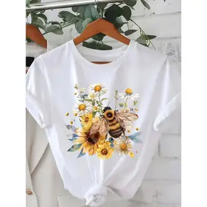 Women's casual short-sleeved T-shirt-bee flower print round neck top breathable machine-washable fabric spring and summer fashion white with bright yellow and blue embellishment women's T-shirt local community store in stock quick hair soft cotton comfort