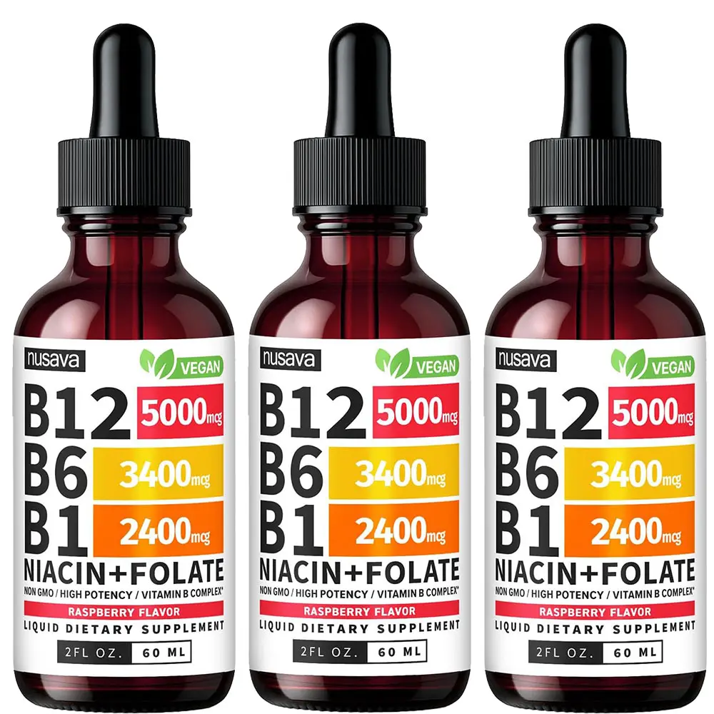 3 Bottles NUSAVA Vitamin B12 Liquid Supplement Drops with B6, B1, Niacin & Folate - Edible Support for Energy, Brain & Heart, Non-GMO & Gluten-Free, 4 Fl Oz Fitness Dietary