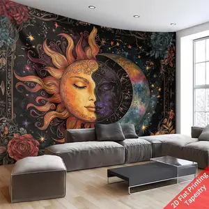 Hand-Painted Moon & Sun Tapestry, 90g Poly Fiber Fabric, Perfect for Living Room & Bedroom Decor, Indoor Wall Art with Installation Kit