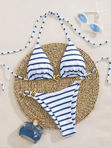 Two-Piece Set Women's Striped Print Bikini Set, Casual Fashion Chic Swimsuit Set for Beach Holiday Vacation, Ladies Swimwear for All Seasons