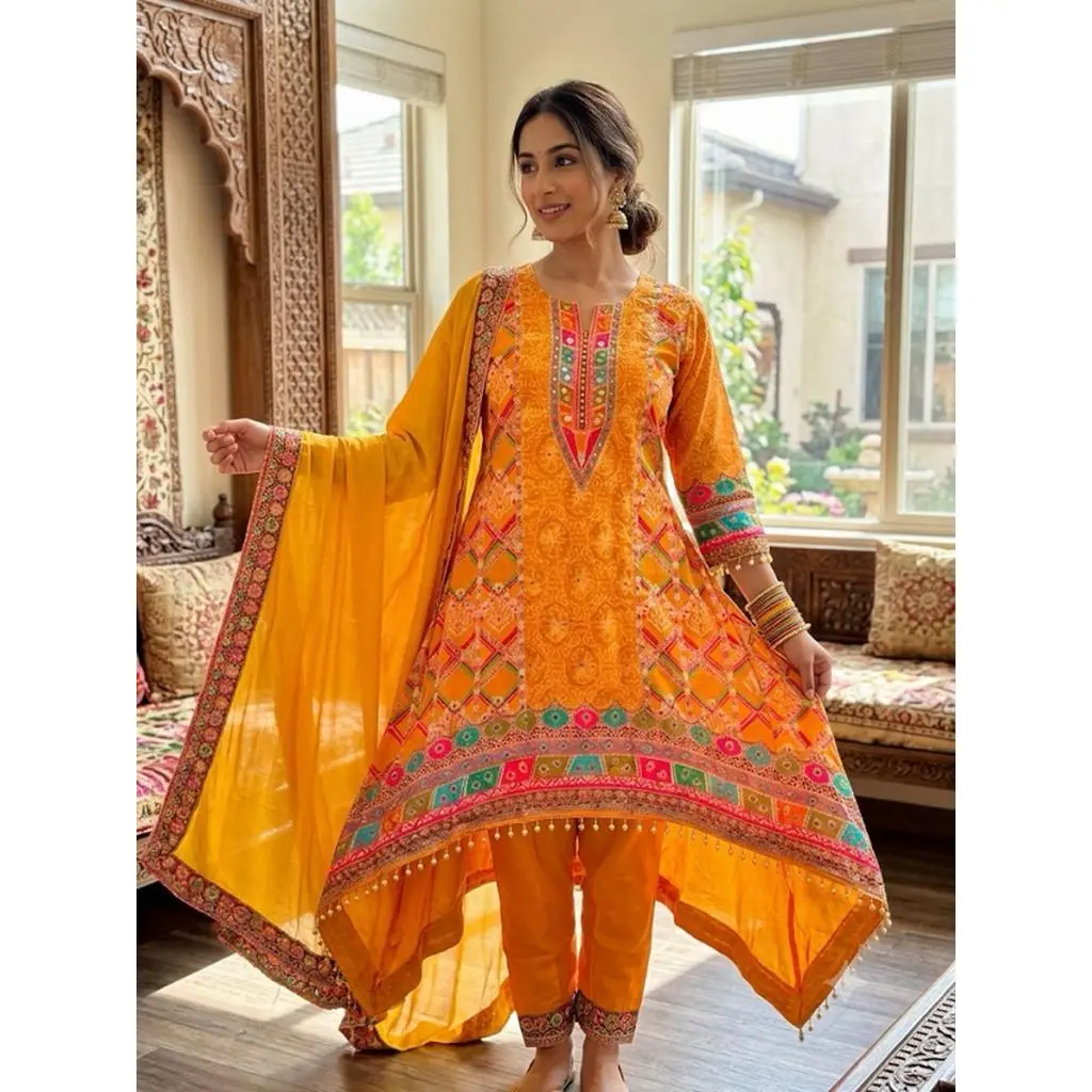 Women's Asymmetric Flared Kurta Set with Dupatta Vibrant Yellow Three-Piece Outfit Ethnic Wear Trousers and Embellished Kurti Set Traditional Festive Wear L-40" to XXXL-46"