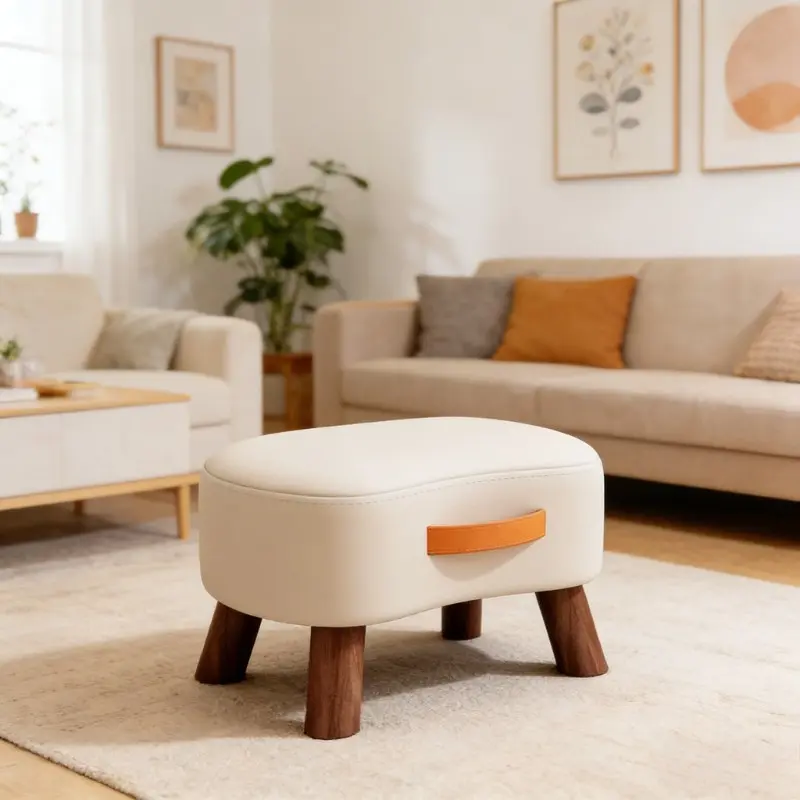Oval Upholstered Footstool with Carry Handle, Faux Leather Small Stool, Foot Rest Stool for Entryway & Living Room, Must-Have for Sturdy & Cozy Home Seating