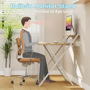 Folding Desk No Assembly Required Small Size, 2-Tier Foldable Computer Desk With Shelf For Home Office, Space Saving Portable Laptop Study Foldable Table For Small Spaces, Oak