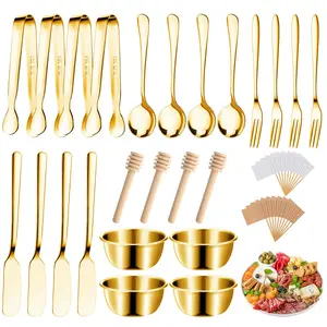 34 Pcs Cheese Butter Spreader Knives Set,Including Stainless Steel Spreader Knives Forks Spoons Mini Serving Tongs Small Dipping Bowls Toothpick Flags Utensils for Pastry Making,Hand Tools Kits