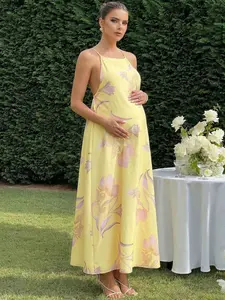 TAMALLA Floral Print Backless Halter Dress For Pregnant Women Summer Outfits  Pregnancy Dress For Photoshoot  Wedding Guest Dress  Elegant Dresses Yellow Dress