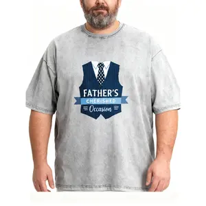 Men's Plus Size Father's Cherished Occasion Vest Print Washed T-Shirt, Casual Father's Day Tee