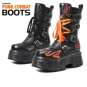 CYNLLIO Womens Punk Combat Boots Mid Calf Round Toe Platform Heels Thick Sole Metallic Buckle Lace Up Gothic Punk Style Side Zipper Design Comfy Outdoor Concert Street Riding Motorcycle Spring Boots Perona One Piece Boots Valentine Gifts