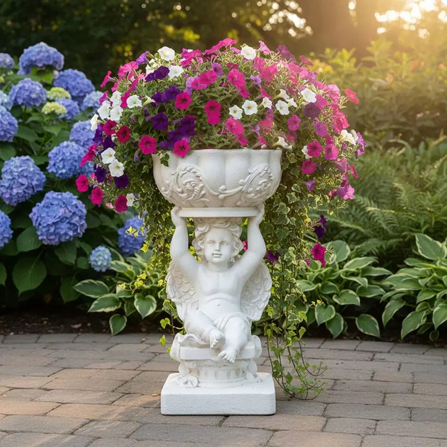 Vintage Winged Cherub Angel Planter Statue, Classical Resin Cupid Flower Pot Holder, Outdoor Garden Patio Entryway Lawn Decor Ornament for Home Yard Landscaping