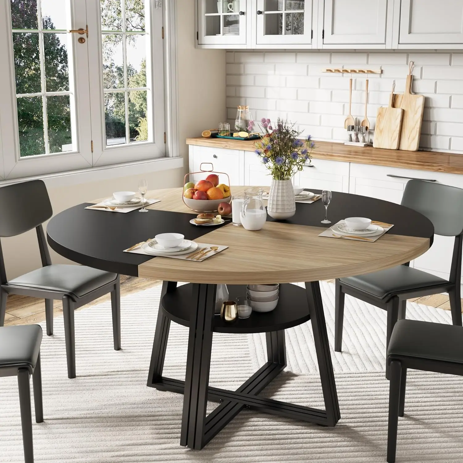 Modern 47-in Round Dining Table - Farmhouse Wood Kitchen Table with Storage Shelf, Metal Frame Square Legs, Quick Setup, Space-Saving Indoor Furniture for 4 People, Modern Dining Table