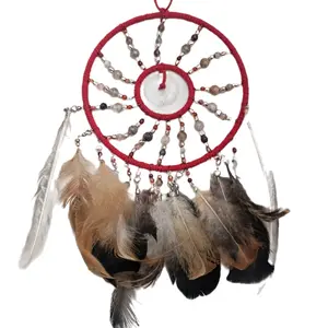Sadie Acres Suncatcher with Thousand Layer Quartz and Carnelian Featuring Red Cord and Assorted Feathers for Decor