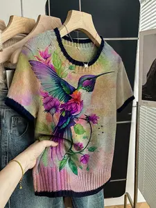 Women's Artistic Floral Bee Print Knit Sweater T-Shirt, Round Neck Short Sleeve, Casual Breathable Design, Spring Summer Fall