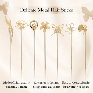 12 Pack Vintage Chinese Butterlfy Flower Metal Hair Sticks Chopsticks Retro Forks Hairpins Updo Holders Long Thick Hair Accessories for Women's Elegant Hair Styling
