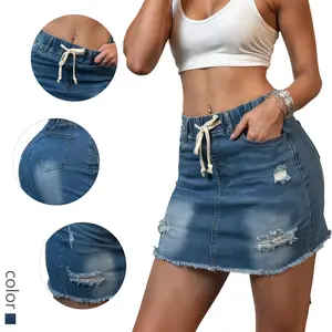 Trendy Women's Blue Distressed Drawstring Denim Mini Skirt - Summer Fashion Essential