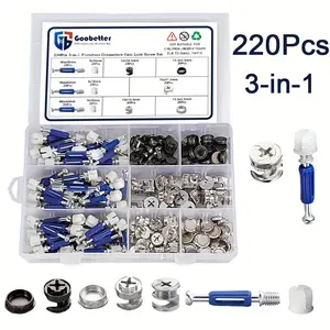 220-Pack Furniture Assembly Kit Cam Fittings with Dowel & Pre-Inserted Nut, Cam Locks for Furniture 3-in-1 Eccentric Wheels 40mm Rod, Blue- Easy Install for Cabinets, Wardrobes Panels & More, Multi-Size Repair Spare Parts Nut & Bolt Assortment Sets