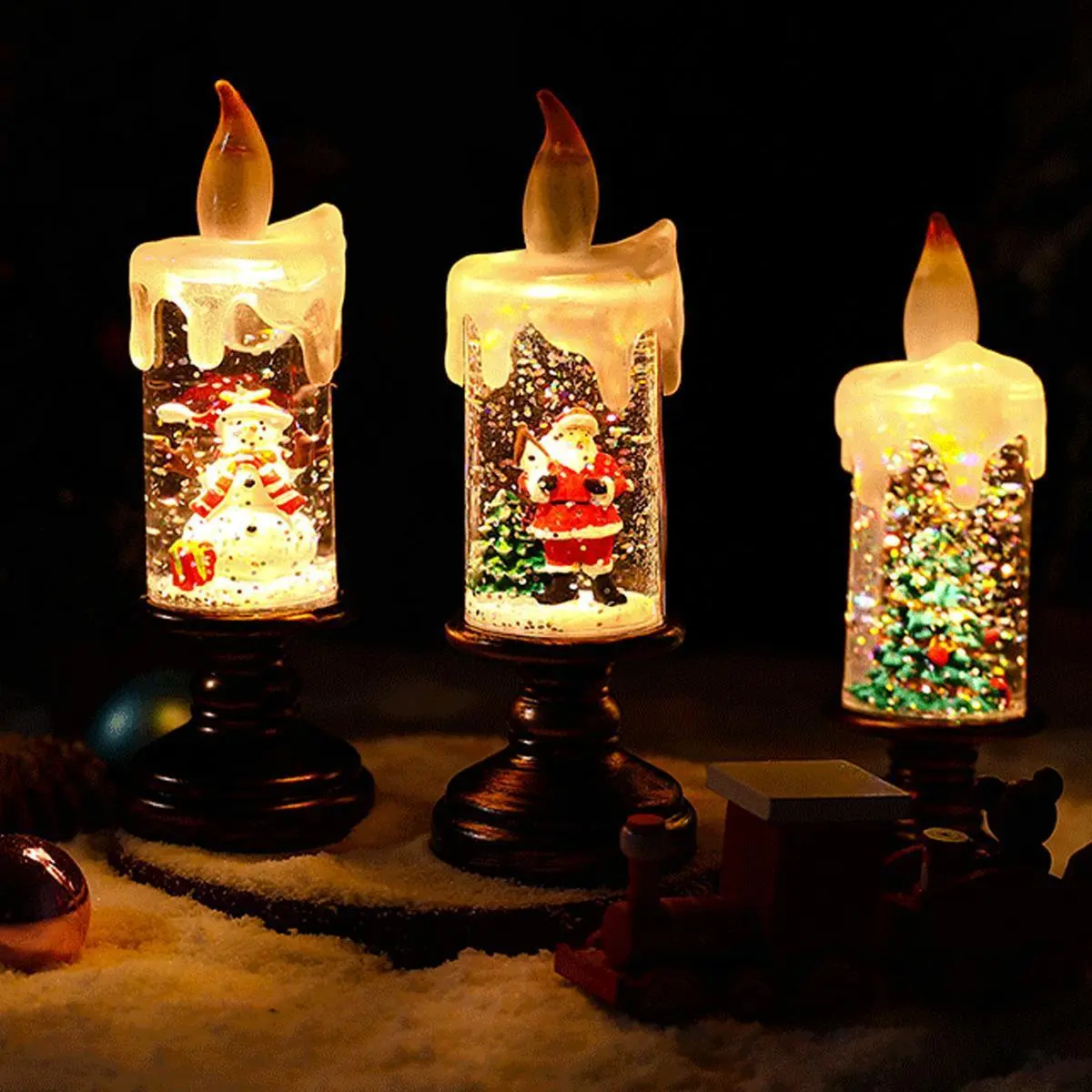 Christmas Snow Globe Candle Battery Operated Lighted Flameless Candles Light Swirling Water Glittering Spinning Candles for Christmas Home Decoration