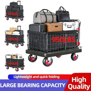 450/650/950 Lb Capacity Heavy-Duty Folding Platform Truck with Removable Cage, Quiet Wheels & Non-Slip Deck - Suitable for Indoor/Outdoor Moving, Warehousing, Storage Cart with Telescoping Handle for,, Commercial Use