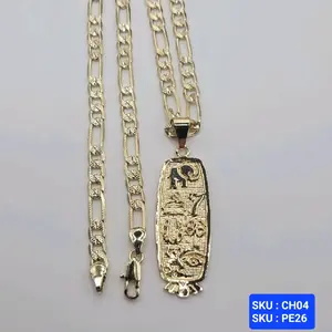 Lucky Seven Powers Talismant Penadant  Chain Figaro Link Diamond cut Style 24 Inches 5 Millimeters Chain Laminated Gold Necklace. SKU : PE26