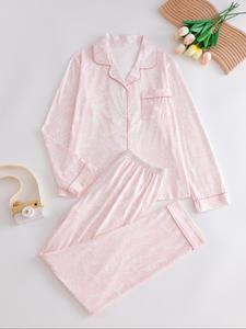 two-piece set women's all over print button front shirt & elastic waist pants pyjama, casual comfy lapel long sleeve top & trousers pj set, women's sleepwear for spring & fall