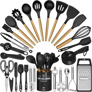 Kitchen Utensils Set- 34PCS Silicone Cooking Utensil with Holder, Umite Chef Heat Resistant Kitchen Spatula Set for Nonstick Cookware, Black Wooden Handles Kitchen Gadgets Tools Set