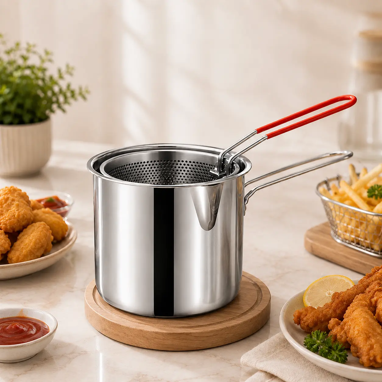 Stainless Steel Deep Fryer Pot Set with Removable Strainer Basket, Red Handle, Optional Lid & Tongs – Compact Frying Pot for Fries, Chicken, Pasta & Noodles