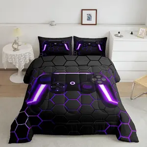 Feelyou Microfiber Gaming Bedding Set for Boys - Breathable Soft Blanket, Neon Lights Gamepad Design, Honeycomb Hexagon Reversible Comforter, Gamer Duvet Set, Microfiber Bedding Set