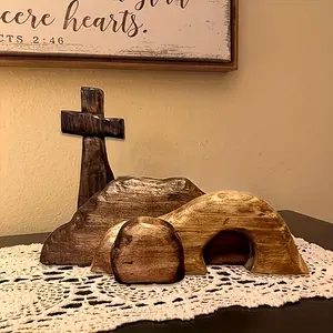 Wooden Cross Overhead Tomb Statue - Easter Ornament, Home Decoration for Holiday Table