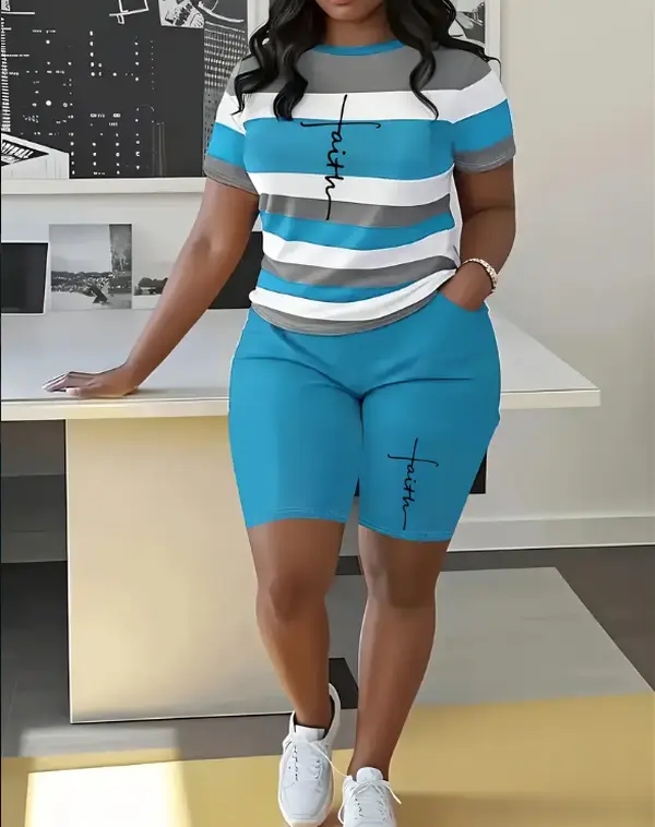 Plus Size Stripe & Letter Print Two-Piece Set - Crew Neck Short Sleeve Fitted Comfortable Casual Outfit for Beach and Vacation, Soft Style for Women Clothes Fashion Womenswear Suits
