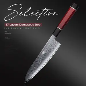 FINDKING AUS-10 67 Layers Damascus Steel, 8 Inch Chef Knife, Japanese Style Knife, Kitchen Chef Knife, Razor-Sharp Blade, Ebony Solid Wood & Rosewood Wooden Handle,Red Samurai Series, Cutting for Meat,Vegetable,Fruit