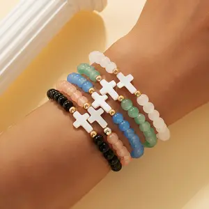 European and American Fashion Natural Shell Turquoise Cross Copper Beads Glass Beads Multi-piece Set Stretch Bracelet for Women