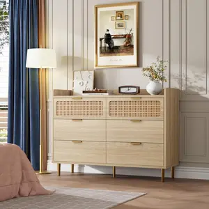 6 Drawer Double Dresser for Bedroom - 47inch Wide Modern Chest of Drawers - Wooden Storage Rattan Dresser for Bedroom Living Room Hallway - Natural