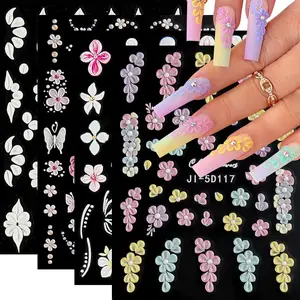 5D Flower Nail Art Stickers, 5D Embossed Pink White Flowers Nail Decals Hibiscus Small Flower Butterfly Summer Nail Art Luxurious 4 Sheets Multicolor