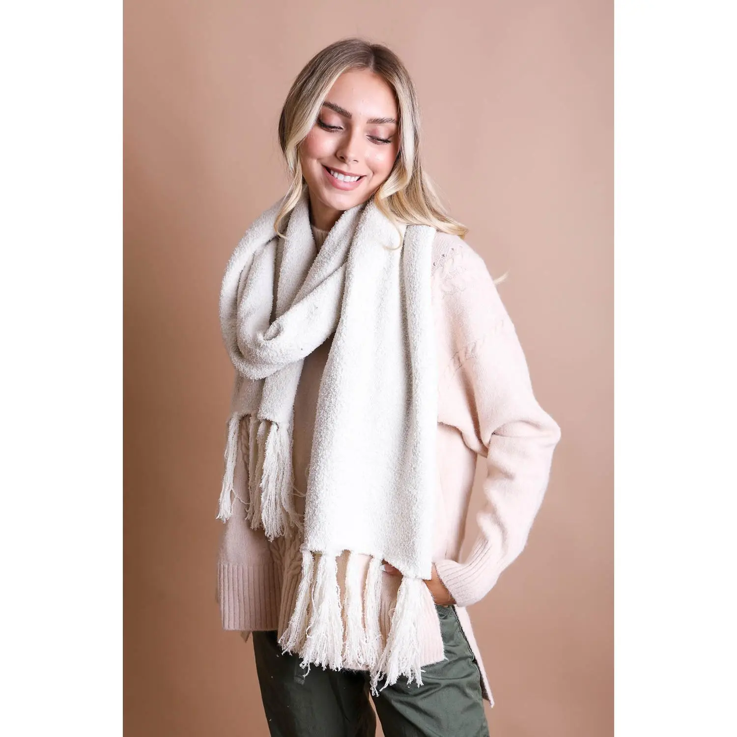 Ultra-Soft Boucle Tassel Scarf for Women Cozy Chunky Knit Winter Wrap, Warm Oversized Fringe Scarf, Trendy Cold Weather Fashion Shawl