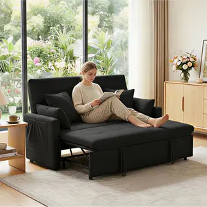 60inch 3-in-1 Convertible Sleeper Sofa Bed Modern Linen Loveseat Futon Reclining Backrest + Pull-Out Bed Compact Design for Small Living Rooms Includes Toss Pillows & Storage Pockets Grey