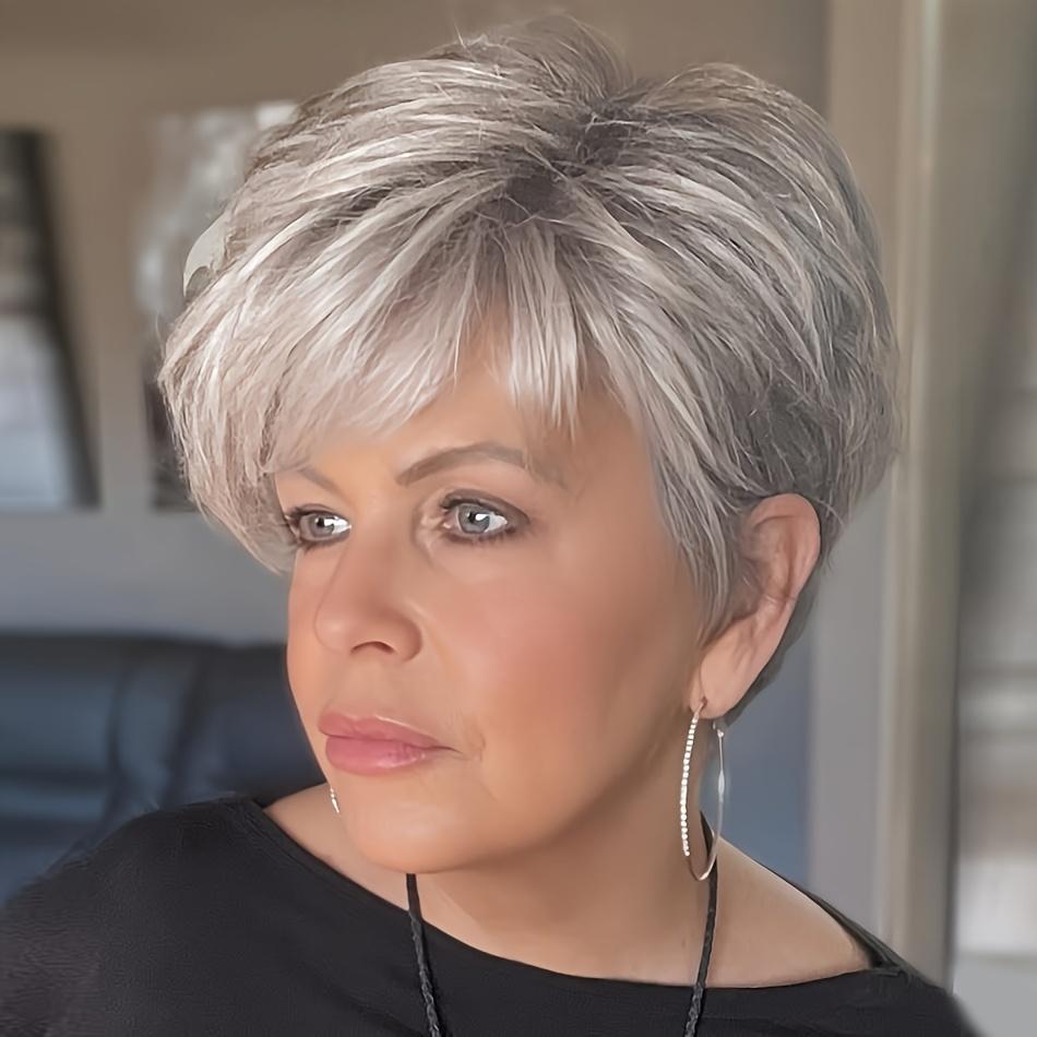 Women's Grey Glueless Pixie Cut Human Hair Wig, 180% Density Brazilian Hair, Short Straight Rose Net Cap, Natural Look Heat Stylable for Daily & Party Wear