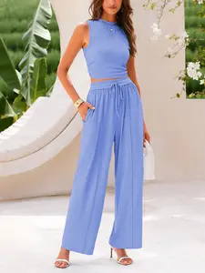 USBOUTIQUE CHIC  Women's Summer 2-Piece Outfits - Ribbed Knit Crew NeckSleeveless Cropped Top & Wide Leg Pants Lounge Set