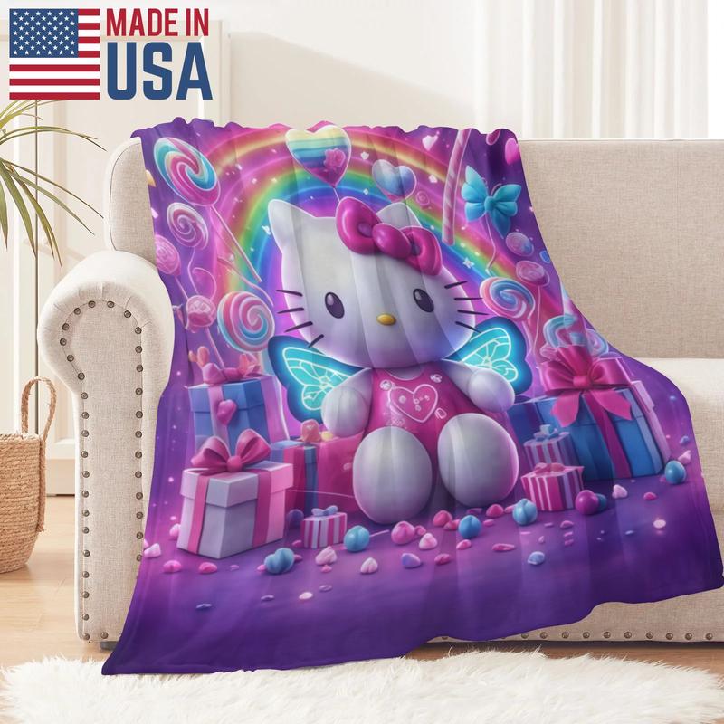 Sanrio Hello Kitty Blanket Soft Cozy Fleece Throw with Rainbow Heart Design for Kids Adults Perfect for All Ages and Versatile Use