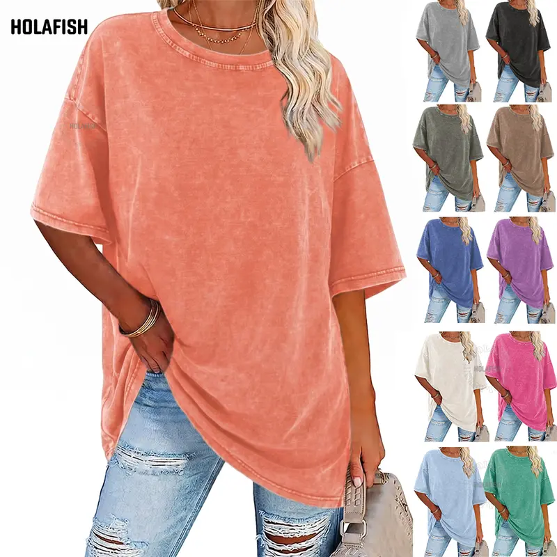 Holafish Women's Oversized Acid Wash Soft Cotton Hip Round Neck Half-Sleeve Pullover Tee - Fabric Street Casual Baggy Jacket-Ready Layer, New Year Casual Solid Summer Top for Party, Pairs with Jeans