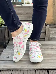 New Flamingo Pineapple Print Canvas Shoes for Women, Trend Low-Top Lace-Up Casual Breathable Sneakers, All-Season Comfort