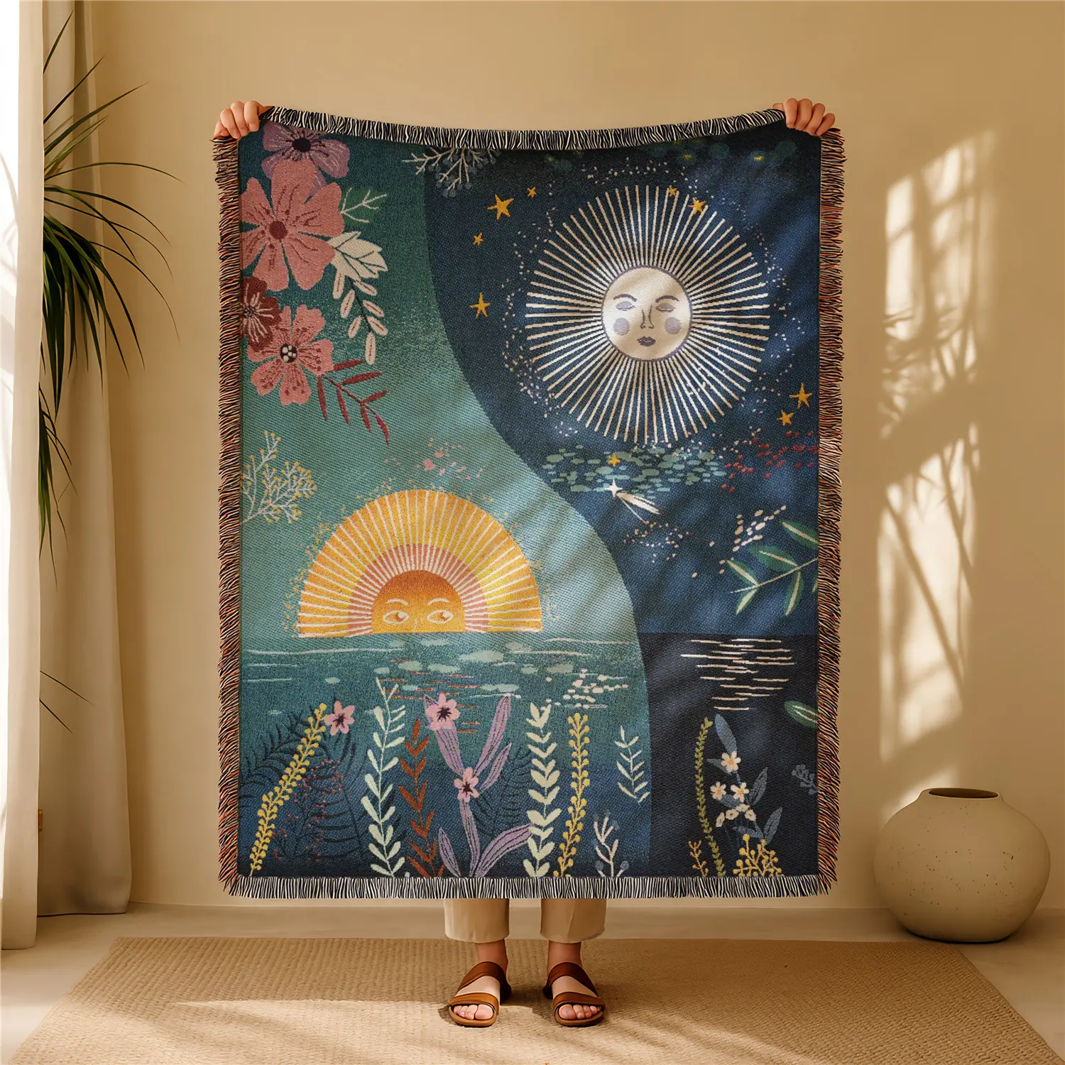 The Sun And The Moon Bohemian Floral Throw Yarn Jacquard Woven Blanket with Tassel, Boho Style Blanket, Cozy Chic Throw Blanket, Thick Soft Washable Blanket, Used for Home Decor, Sofa, Chair, Bed, Outdoor Camping